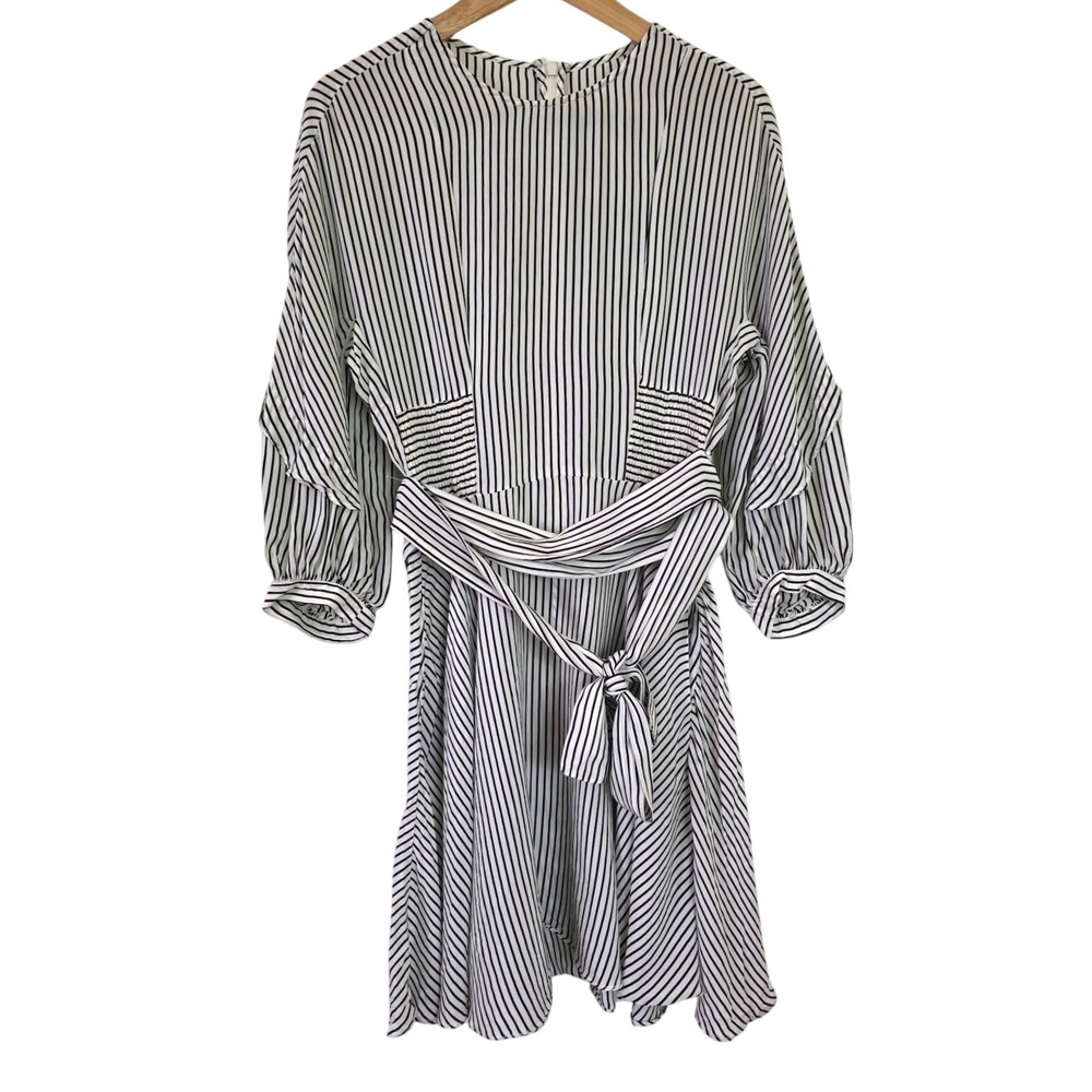 Maje Roxby Dress 1 Small Ivory Black Striped 3/4 Sleeve Waist Tie Cupro Mini